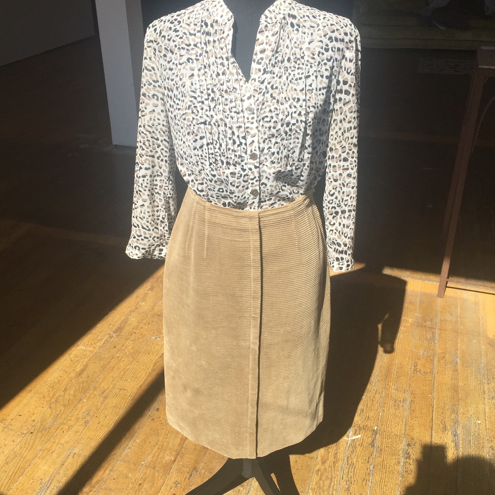 Tan/black and white animal print button down.